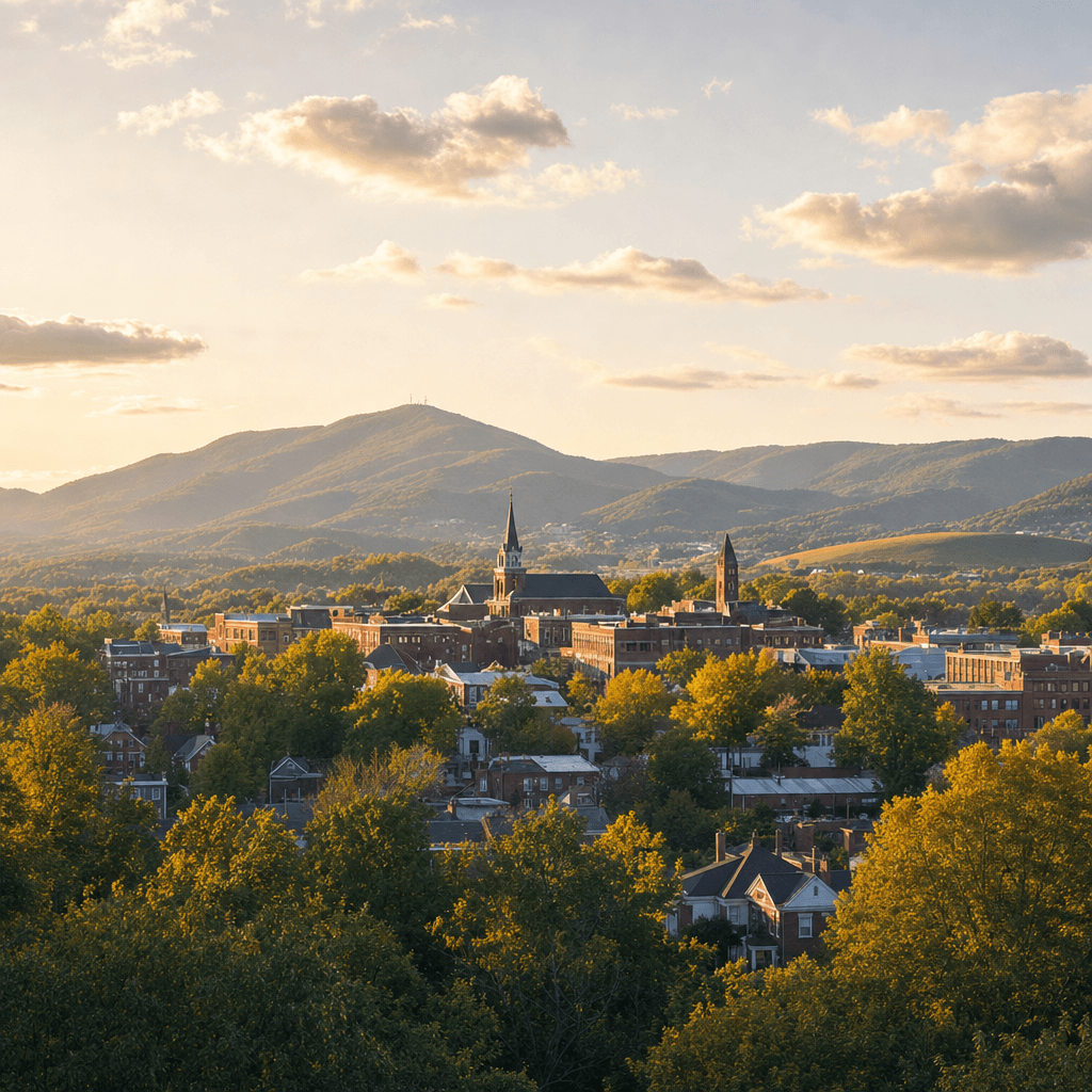 The town of Abingdon, seat of Washington County, seen from above with wooded Appalachian ridges behind