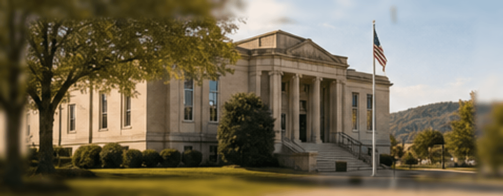 Columned stone courthouse with an American flag against a wooded hillside