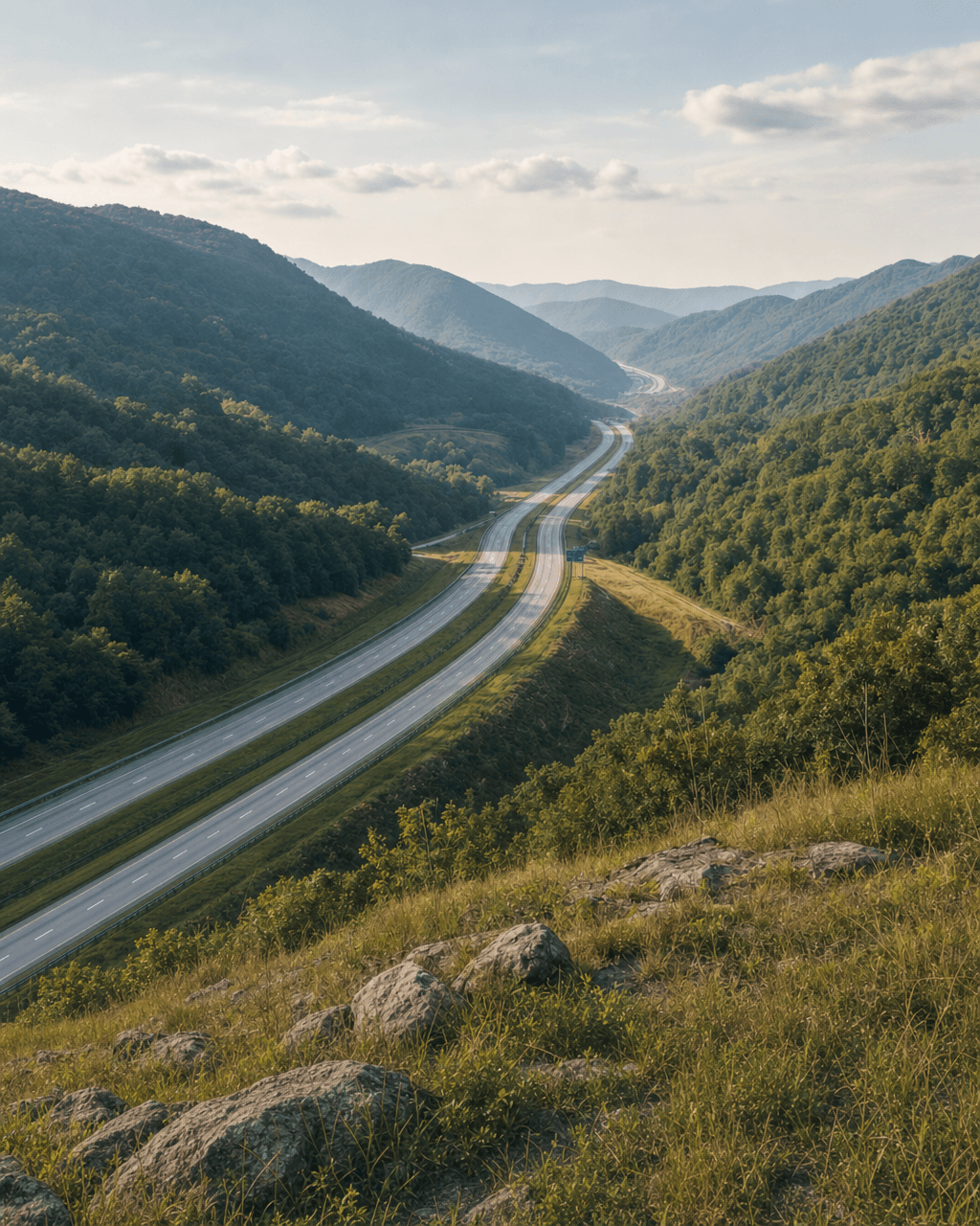Interstate 81 winding through a green mountain valley in Smyth County, Virginia