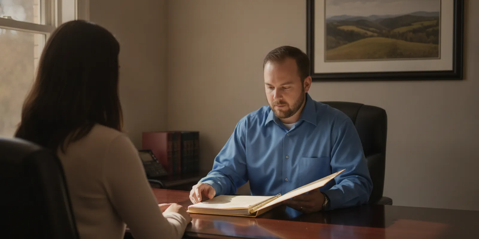 Attorney reviewing case documents at a desk in a Southwest Virginia office